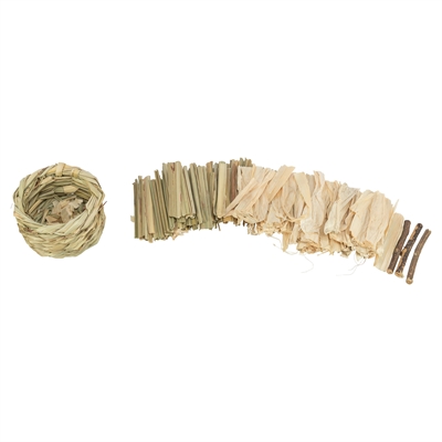 TRIXIE Mand Gras Met Hooi & Maïsbladeren - 100% natuurlijke knaag- en speelmix met houten stokjes - Naturel - 9x9x9 cm