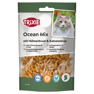 TRIXIE Kattensnack Ocean Mix met kippenborst en catnip - 27% kippenborst, glutenvrij, taurine - 50 g