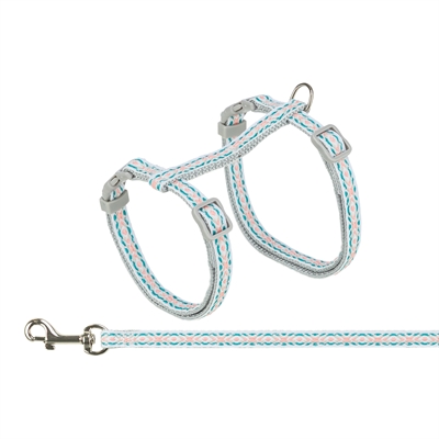 TRIXIE Kattentuigje met riem Retro Motief Traploos verstelbaar | Click-sluitingen, retro patroon - Grijs/Blauw - 28-45x1 cm