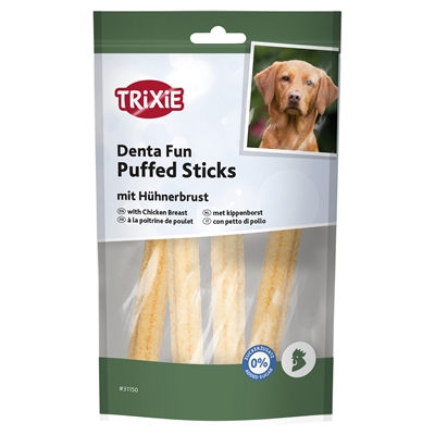TRIXIE Kauwsnack Denta Fun Puffed Sticks Kippenborst 16% vlees, luchtige structuur, zonder toegevoegde suiker - 40 g