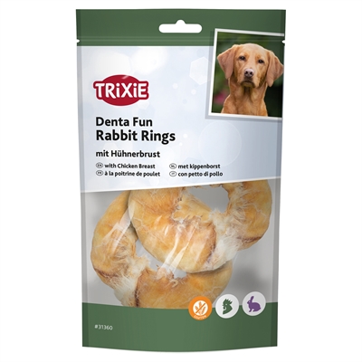 TRIXIE Kauwsnack Denta Fun Rabbit Rings Met Kippenborst 78% konijnenhuid 15% kippenborst Glutenvrij - 100 g