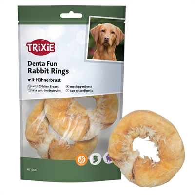 TRIXIE Kauwsnack Denta Fun Rabbit Rings Met Kippenborst 78% konijnenhuid 15% kippenborst Glutenvrij - 100 g