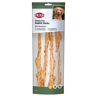 TRIXIE Kauwsnack Denta Fun Rabbit Sticks met kippenborst 68% konijnenhuid, 25% kip, hoog eiwit - Glutenvrij - 100 g