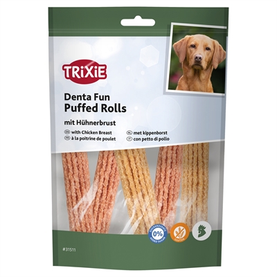 TRIXIE Hondenkauwsnack Denta Fun Puffed Rolls - 10% kippenborst - Wortel & erwten - Glutenvrij | 100 g