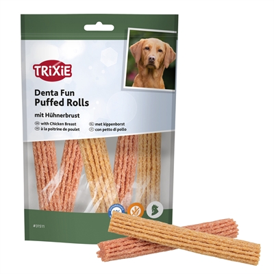 TRIXIE Hondenkauwsnack Denta Fun Puffed Rolls - 10% kippenborst - Wortel & erwten - Glutenvrij | 100 g