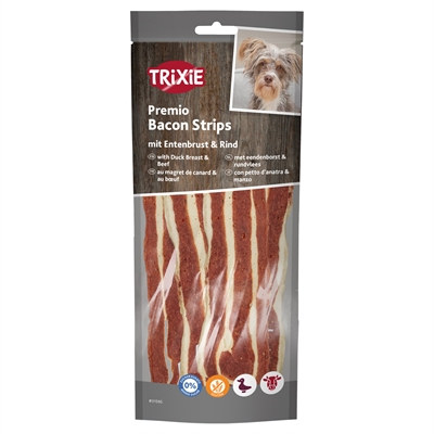 TRIXIE Hondensnack Premio Bacon Strips - 73% vlees, 55% eendenborst, glutenvrij - 80 g