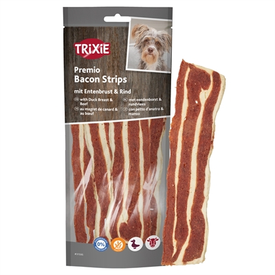 TRIXIE Hondensnack Premio Bacon Strips - 73% vlees, 55% eendenborst, glutenvrij - 80 g
