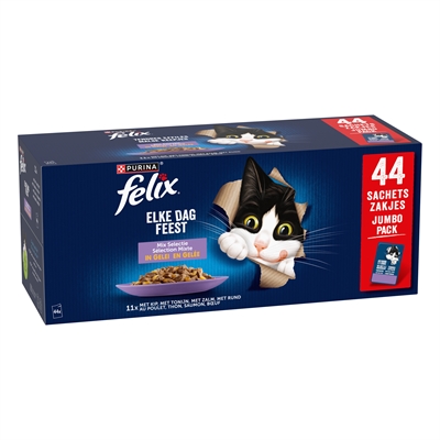 FELIX Natvoer Pouch Elke Dag Feest Mix - 4 smaken in gelei - Compleet, vitamine A & E, omega-6 - 44x85g