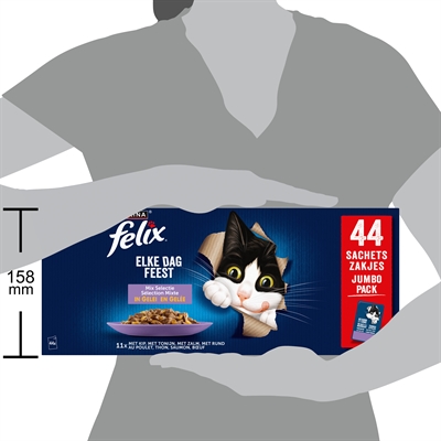FELIX Natvoer Pouch Elke Dag Feest Mix - 4 smaken in gelei - Compleet, vitamine A & E, omega-6 - 44x85g
