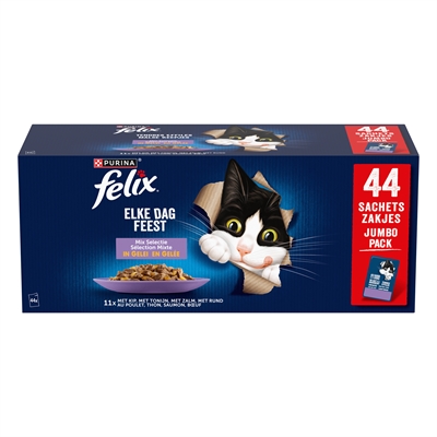 FELIX Natvoer Pouch Elke Dag Feest Mix - 4 smaken in gelei - Compleet, vitamine A & E, omega-6 - 44x85g