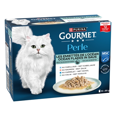 GOURMET Natvoeding Perle Ocean Flakes Complete mix zalm, kabeljauw, schol & koolvis in saus - Vismix - 12x85g