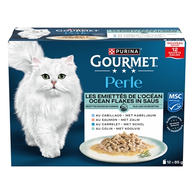 GOURMET PERLE OCEAN FLAKES IN SAUS KABELJAUW / ZALM / SCHOL / KOOLVIS