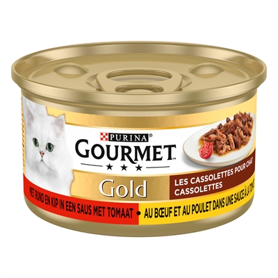 GOURMET Cassolettes Duet van vlees in saus met tomaten Volledige & delicate voeding, rund+kip, met tomaat - Goud - 24x85 g