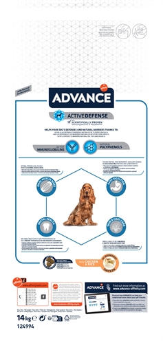 ADVANCE Hondenvoer ADULT MEDIUM Voor volwassen middelgrote honden, kip & rijst licht verteerbaar - Omega 3/6 - 14 kg