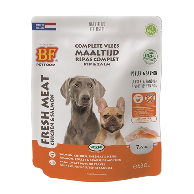 BF PETFOOD Vleesvoeding Zalmworst Complete, natuurlijke natvoeding met vers vlees & zalm, glutenvrij, zonder conserveermiddelen - 7x90g 630g