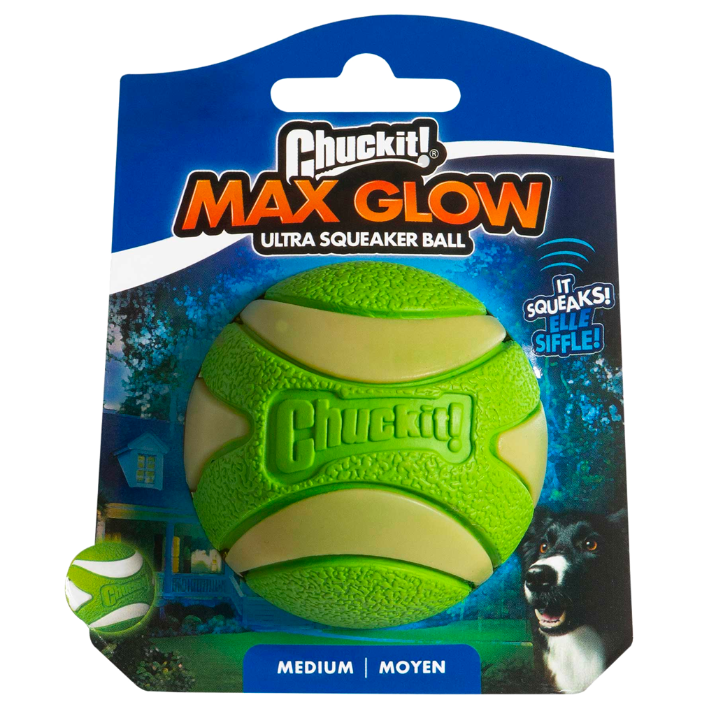 Chuckit Max Glow Ultra Squeekerbal hondenbal fotoluminescent piepend 6 cm