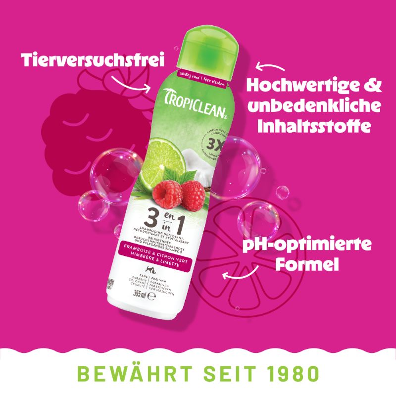 TropiClean 3in1 Deodorising shampoo hond Framboos & Limoen 355 ml