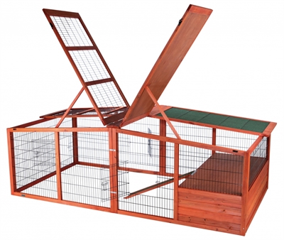 TRIXIE Knaagdierenren Natura XL – Afgedekt dak tegen roofvogels | Gebeitst vurenhout en gepoedercoat metaal | Extra weerbestendige verdieping - 233x79x116 cm