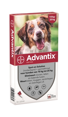 BAYER Advantix Spot On Vlooienmiddel 250/1250 10-25 KG - 6 Pipetten