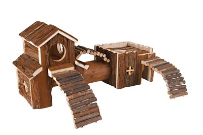 TRIXIE Knaagdier tunnelsysteem Frida 100% natuurlijk schorshout - Met huisjes & wilgenbruggetjes - 47x15x22 cm