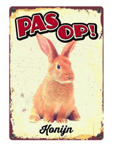 PLENTY GIFTS Waakbord Blik Konijn 21×15 cm – Vintage 'Pas op!'