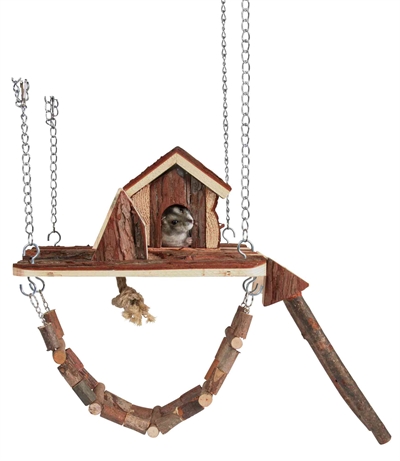 TRIXIE Speelplaats Janne | Hangend speelhuis voor kleine knaagdieren - Veilig schorshout & kauwtouw - 26 x 22 cm