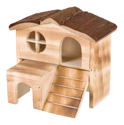 TRIXIE Knaagdierhuis Kasja – Natuurlijk gevlamd hout, niet-giftig, 2 verdiepingen - Gevlamd - 17x13x15 cm