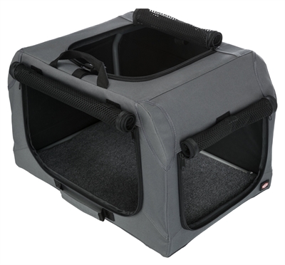TRIXIE Reisbench Soft Kennel Easy | Mobiel, 3-zijdig te openen met schapenvachtligmat - Grijs - 71x51x49 cm