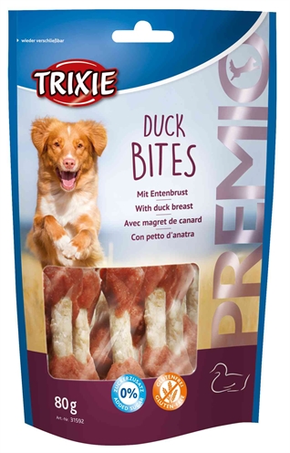 <span id="brand" data="trixie"/> <span id="brand" data="duck"/> Bites Hondenkauwsnacks 6x80 gr – Runderhuid met Eend