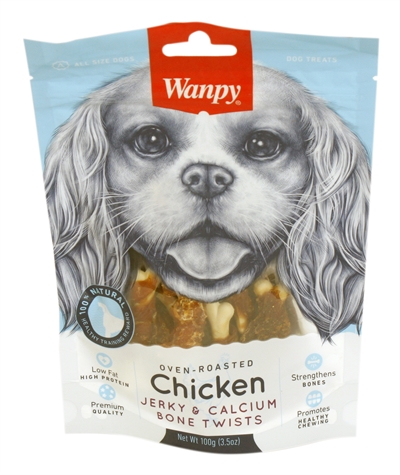WANPY Hondensnack Oven-Roasted Chicken Jerky Calcium Bone Twists | met extra calcium voor sterke botten, knapperig - 100 g