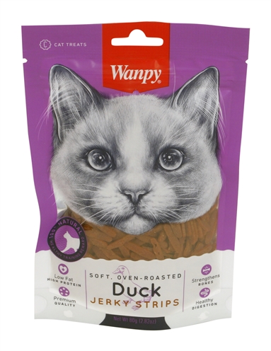 WANPY Kattensnack Soft Oven-Roasted Duck Jerky Strips - 100% natuurlijk, laag vet & eiwitrijk - 80 g