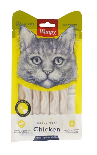 WANPY Kattensnack Creamy Lickable Treats Chicken - Hydraterend, gemakkelijk verteerbaar, zonder kunstmatige kleurstoffen - 14 g x5