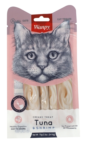 WANPY kattensnack Creamy Lickable Treats Tonijn/Garnaal 14 GR – 5 stuks