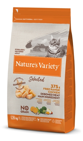 NATURES VARIETY Kattenvoer Selected Sterilized Free Range Chicken - Graanvrij, met scharrelkip voor gesteriliseerde katten - 1,25 kg