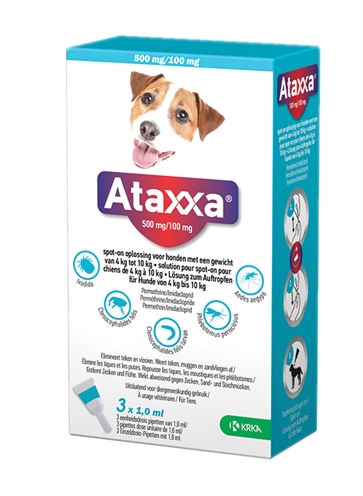 KRKA Ataxxa Spot On Hond 4-10 kg 500 mg/100 mg – Vlooien- en tekenbestrijding