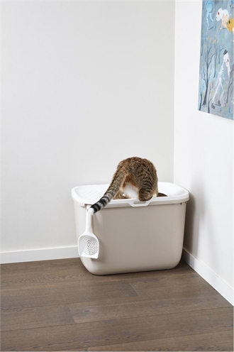 SAVIC Kattenbak Hop In Boveningang | Hoge zijkanten tegen morsen - Wit/Mokka - 58,5x39x39,5 cm