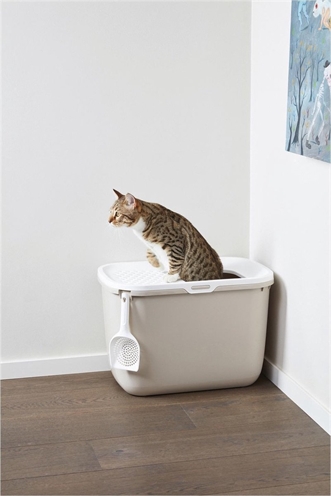 SAVIC Kattenbak Hop In Boveningang | Hoge zijkanten tegen morsen - Wit/Mokka - 58,5x39x39,5 cm