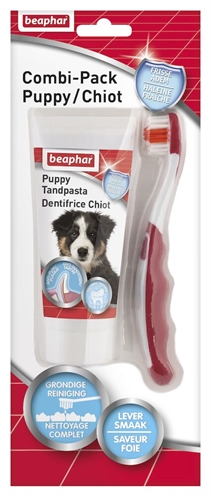 <span id="brand" data="beaphar"/> tandpasta en borstel combi-pack puppy – leversmaak