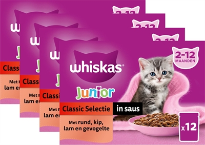 WHISKAS Multipack Pouch Natvoer Junior Vlees In Saus 4x12x85 gr – Assortiment