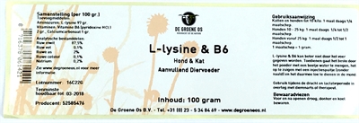 DE GROENE OS Supplement L-Lysine/B6 voor hond en kat | Ondersteunt immuunsysteem - 100 g
