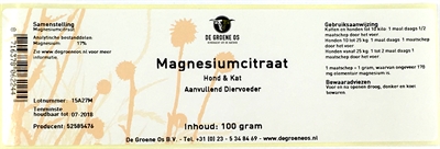 DE GROENE OS Magnesiumcitraat Hond/Kat 100 gr – Voedingssupplement