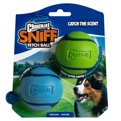 CHUCKIT Apporteerbal Sniff Fetch Bal Combo geurdoordrenkt Pindakaas & Bacon - duurzaam rubber - 6 cm (2 stuks)