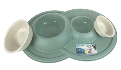 HAPPY PET Voerbak/Drinkbak Volcano Dubbel Salie Groen 49×33 cm – 230/600 ml