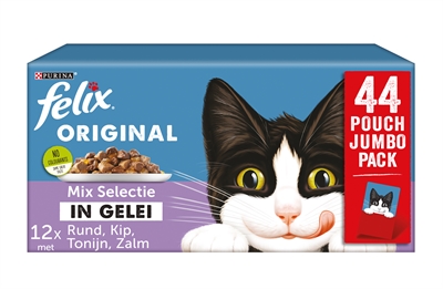 FELIX Kattenvoer Pouch Original Gelee Mix Box 44x85 gr – Rund/Kip/Tonijn/Zalm