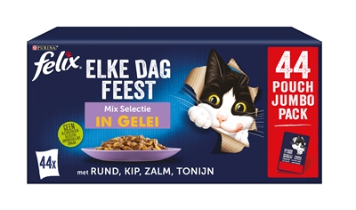 FELIX Kattenvoer Pouch Elke Dag Feest In Gelei Mix Box 44x85 gr – Tonijn/Zalm/Rund/Kip