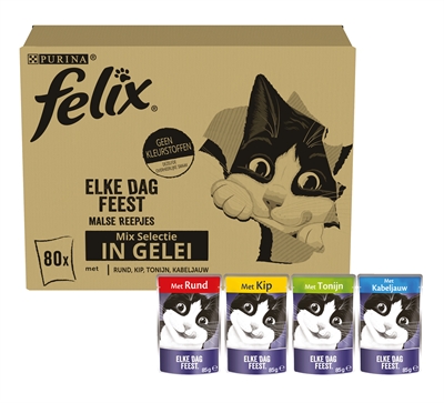 FELIX Pouch Natvoer Kattonijn/Kabeljauw/Rund/Kip 80×85 gr – In Gelei