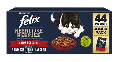 FELIX Natvoer Katten Heerlijke Reepjes Farm Selectie 44x80 gr – Rund/Kip/Eend/Kalkoen