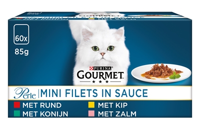 GOURMET kattenvoer Mini Filets in Saus 60x85 gr – Kip/konijn/rund/zalm
