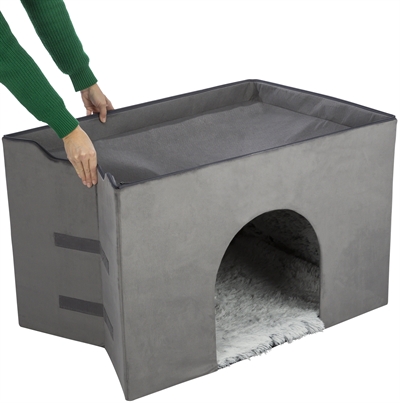 TRIXIE Hondenhuis Harvey - trap & opbergruimte, 2 slaapplekken, wasbare pluche kussens - Grijs/wit - 154x60x60 cm