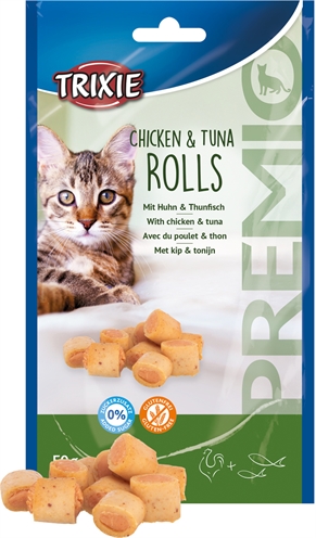 TRIXIE Kattensnoepjes Premio Kip & Tonijn Rolletjes Met taurine, 72% vlees, glutenvrij - 50 g